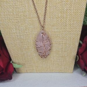 Pink Wire Wrapped Pendant Necklace, Rose Gold Tone